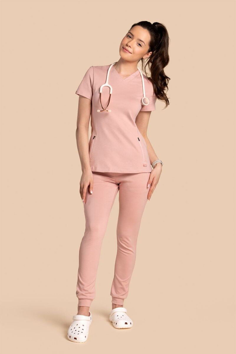 Komplet scrubs medyczny damski – bluza Twozip + Joggery – różowy