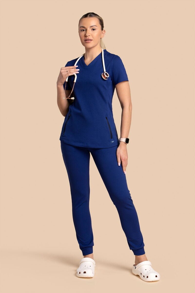 Komplet scrubs medyczny damski – bluza Twozip + Joggery – granatowy