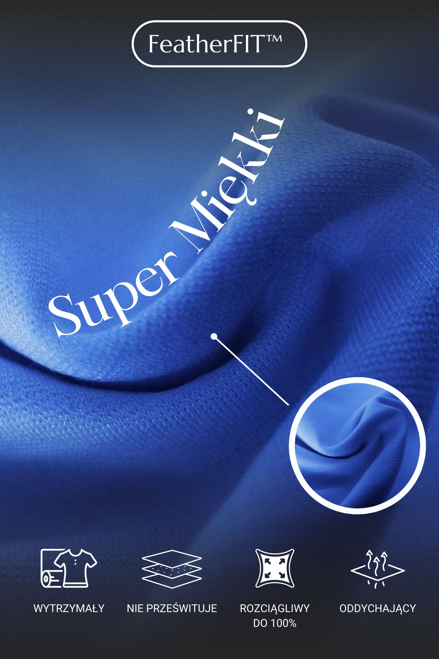 Materiał scrubsów medycznych pokazany z bliska oraz jego cechy: wytrzymały, nie prześwituje, rozciągliwy, oddychający.