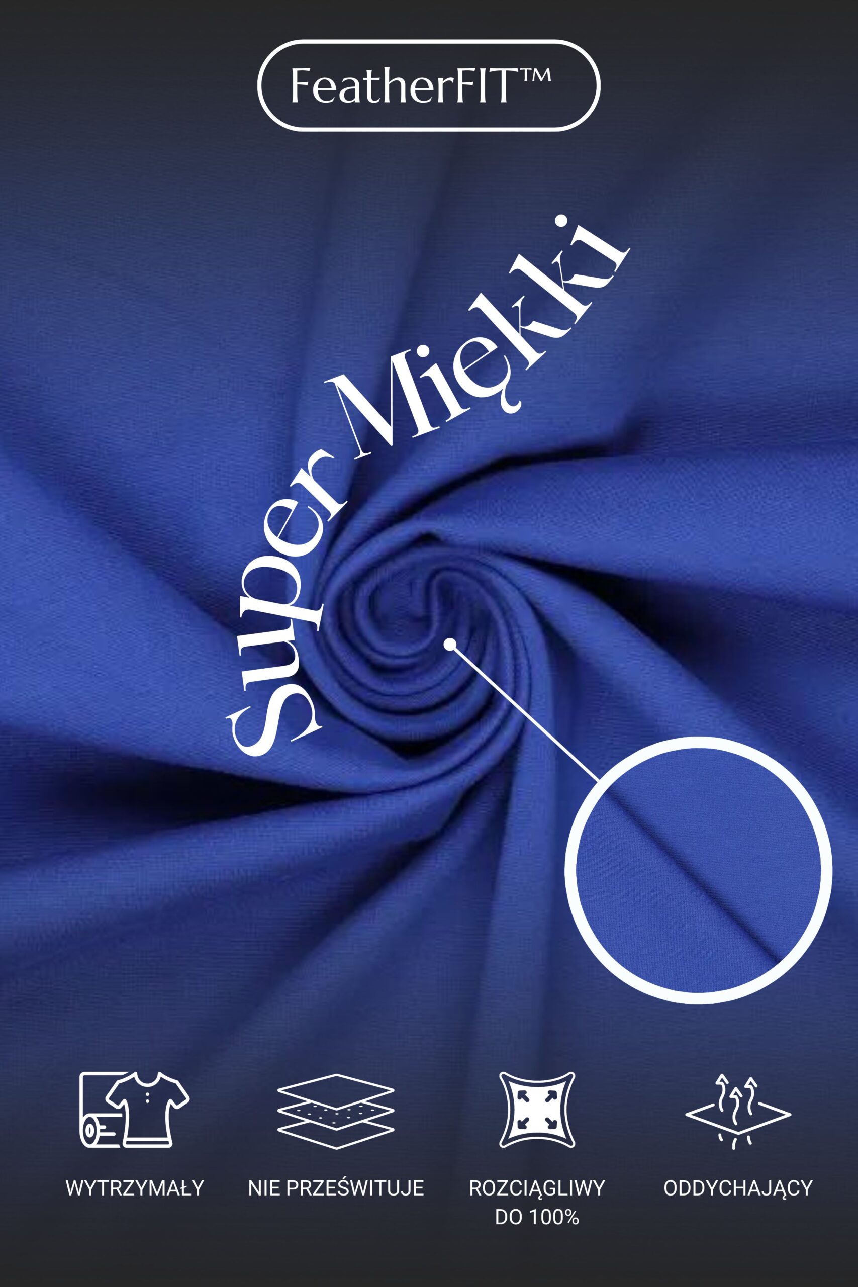 Materiał scrubsów medycznych pokazany z bliska oraz jego cechy: wytrzymały, nie prześwituje, rozciągliwy, oddychający.