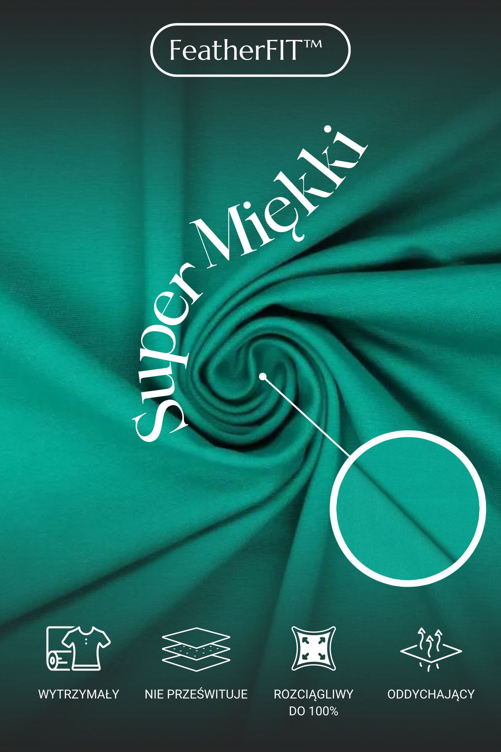 Materiał scrubsów medycznych pokazany z bliska oraz jego cechy: wytrzymały, nie prześwituje, rozciągliwy, oddychający.