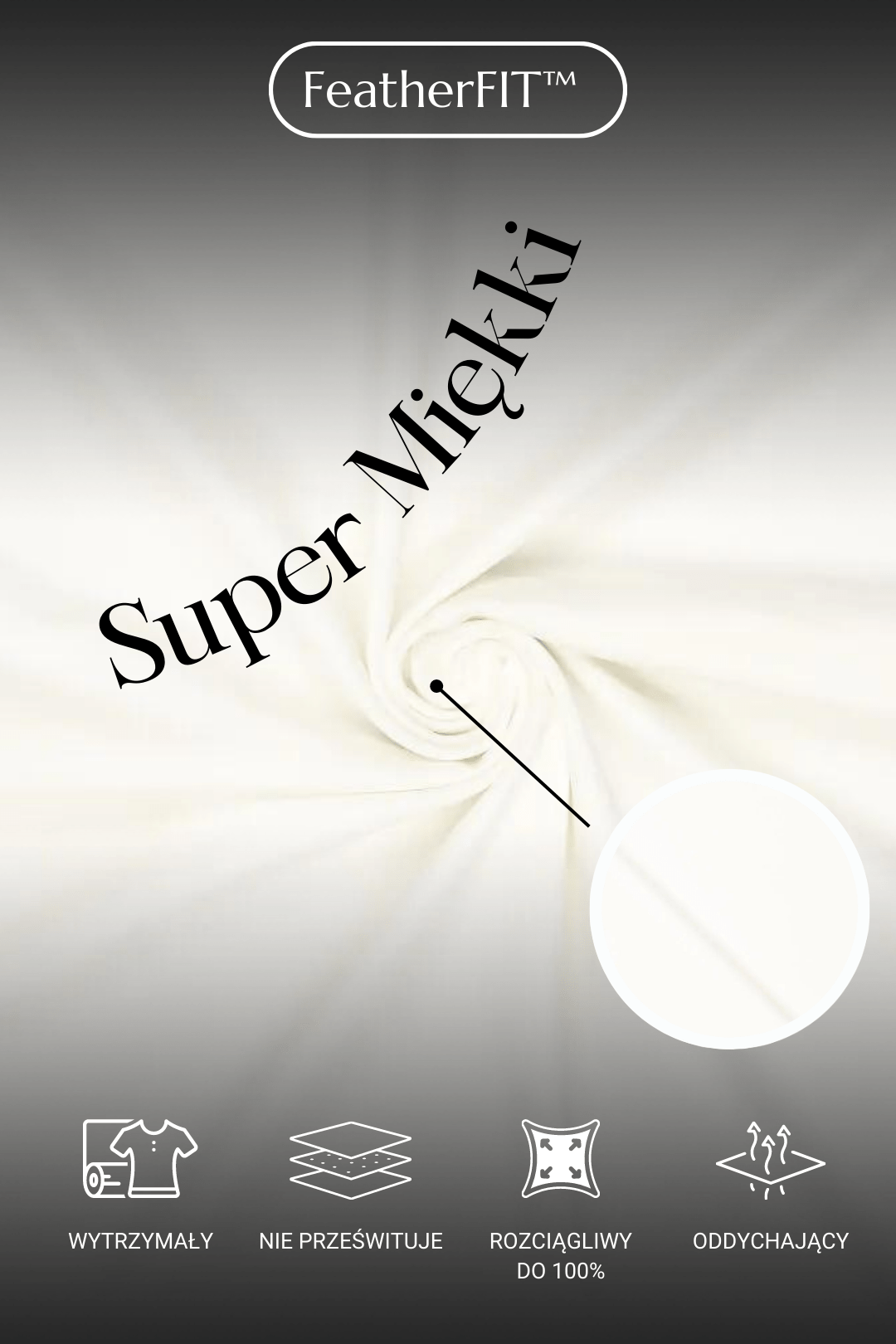 Materiał scrubsów medycznych pokazany z bliska oraz jego cechy: wytrzymały, nie prześwituje, rozciągliwy, oddychający.