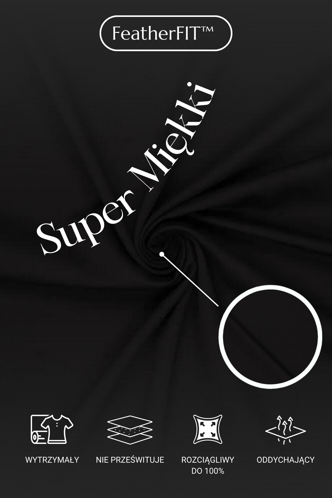 Materiał scrubsów medycznych pokazany z bliska oraz jego cechy: wytrzymały, nie prześwituje, rozciągliwy, oddychający.