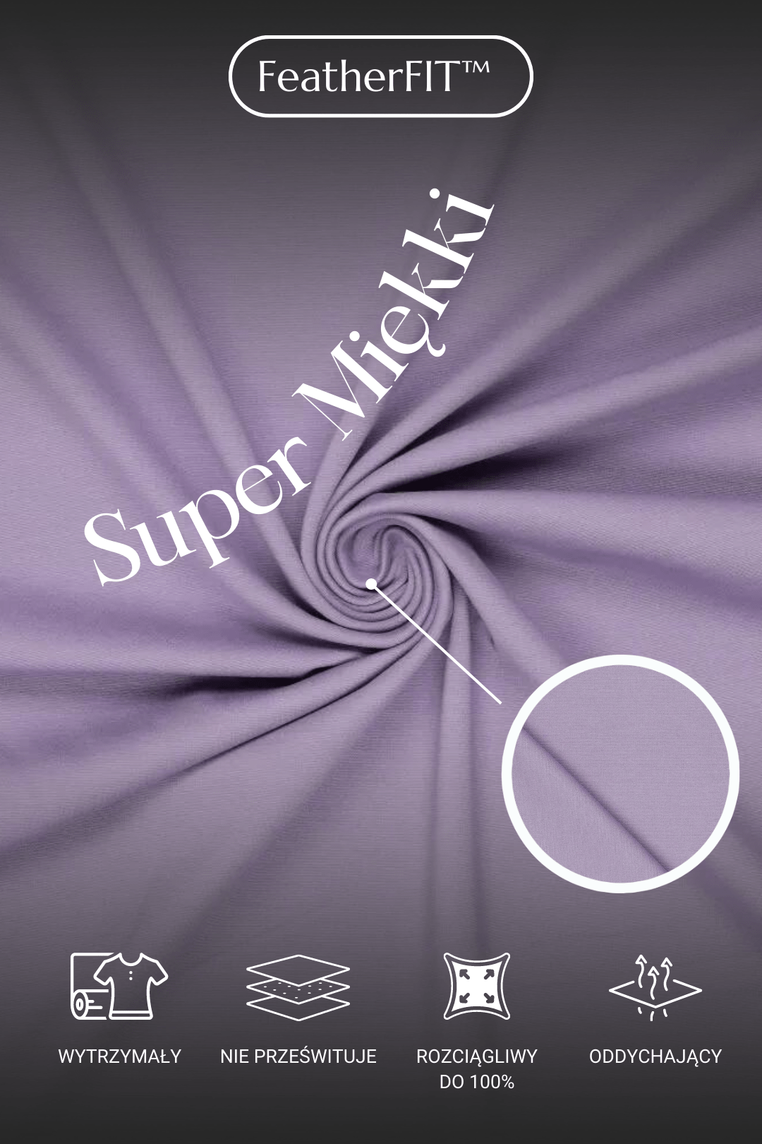 Materiał scrubsów medycznych pokazany z bliska oraz jego cechy: wytrzymały, nie prześwituje, rozciągliwy, oddychający.