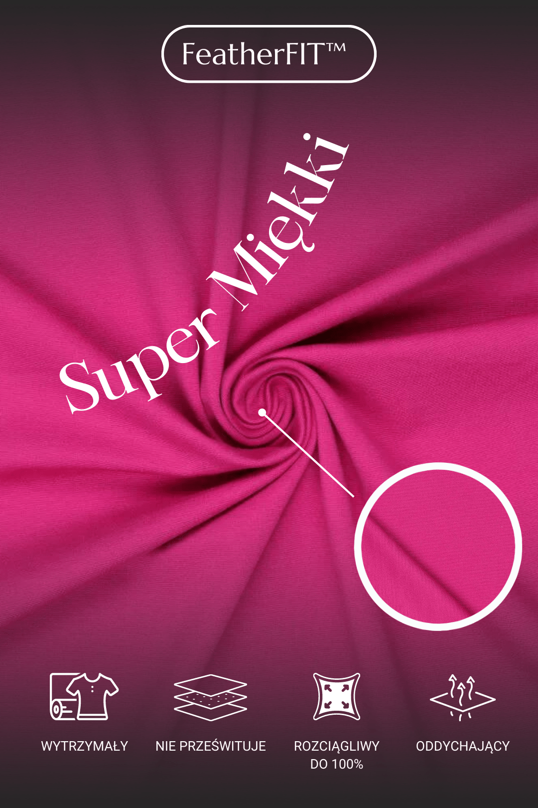 Materiał scrubsów medycznych pokazany z bliska oraz jego cechy: wytrzymały, nie prześwituje, rozciągliwy, oddychający.