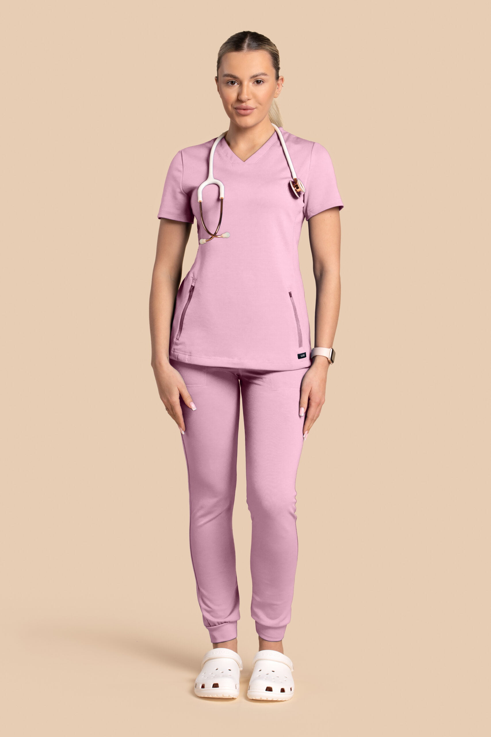 Komplet-medyczny-damski-Scrubs-Twozip-Joggery-Cukierkowy-Róż Komplet scrubs medyczny damski – bluza Twozip + Joggery – Cukierkowy Róż